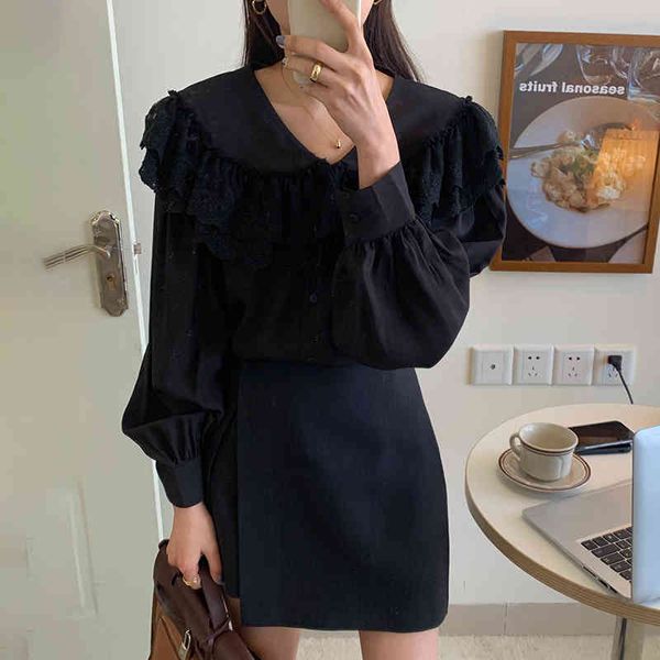 

dress korean style vintage women two outfits long sleeve peter pan collar blouses and high waist mini skirt elegant piece sets jift j4g8, Black;gray