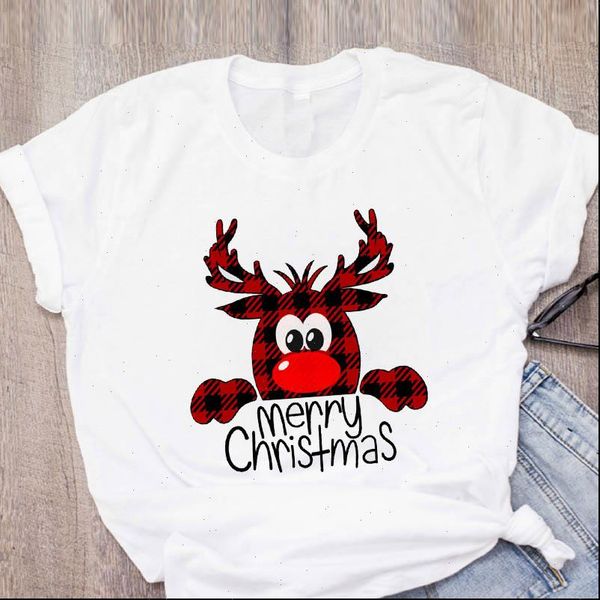 

women graphic womens t shirts cartoon plaid deer cute funny 90s clothes merry christmas print lady tees clothing female, White