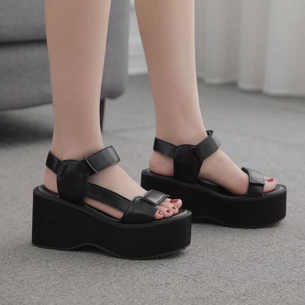 

women open toe one strap summer sandals leisure shoes punk goth buckle slingback platform heels dress, Black
