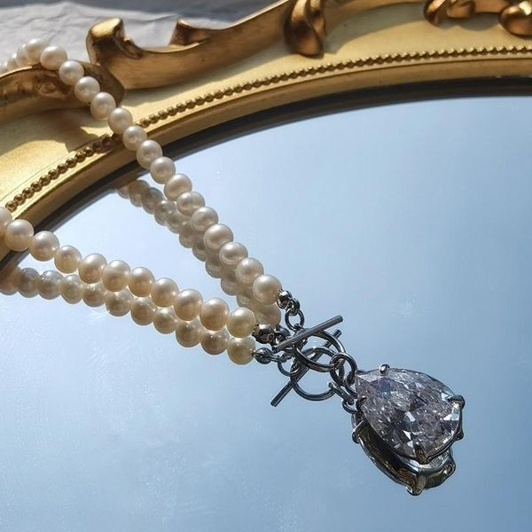 

chokers fashion leisure freshwater pearl exquisite zircon water-drop short necklace, Golden;silver