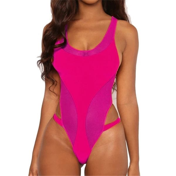 Costume da bagno intero rosa neon arancione Costume da bagno sexy sportivo monokini push up imbottito taglio alto costume da bagno donna S-L 210520