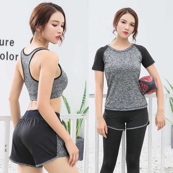 

spring and summer yoga women's three piece set cation sweat absorption morning running gym fast drying loose slim fitns suit, Gray
