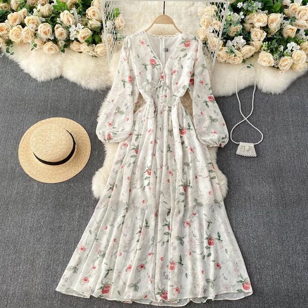 

casual dresses singreiny women boho floral long dress french sleeve v neck a-line autumn korean retro print holiday, Black;gray