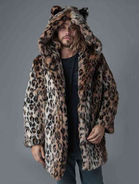 Imitação Hooded Pele Leopard Imprimir Mink Casaco Men's Wear Leopard Imprimir Casaco de Pele Inverno Masculino 211207