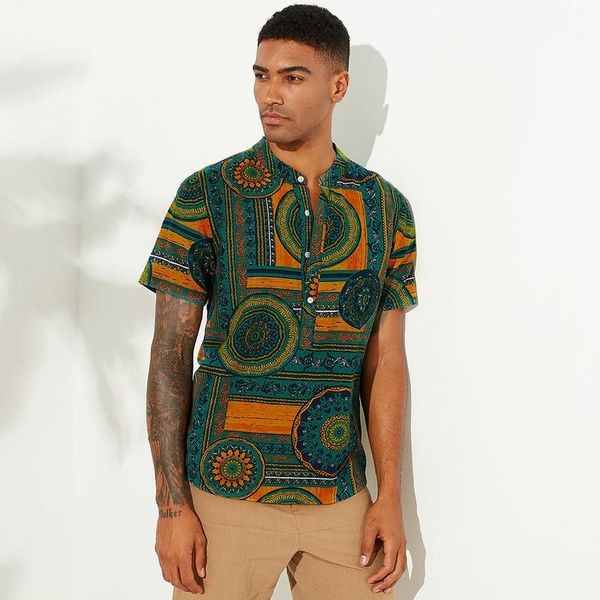 

men's casual shirts clothing 2021 summer shirt fashion short-sleeved folk print plus size camisas para hombre, White;black