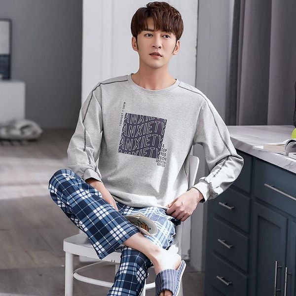 

men pajamas set cotton big size pyjama loose cartoon simple sleepwear suit wearable male loungewear home autumn sportswear men's, Black;brown