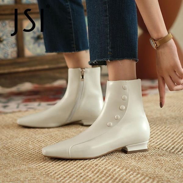 

boots jsi women ankle casual commute genuine leather button square toe low heel comfort all-match fashion lady shoes vo371, Black