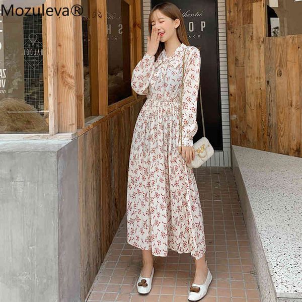 

fashion casual loose female midi dress spring autumn bow-neck full sleeve elastic waist floral chiffon women 210427, Black;gray