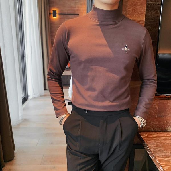 

men's t-shirts 7colors autumn winter turtleneck long sleeve men clothing simple embroidery slim fit casual velvet tee shirt homme 3xl, White;black
