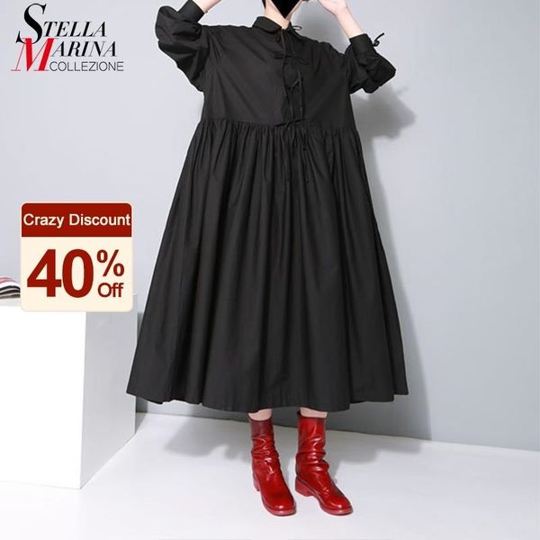 

japanese style solid black white woman shirt dress plus size long sleeve bows girls casual straight cotton dress robe femme 1748 210319, Black;gray