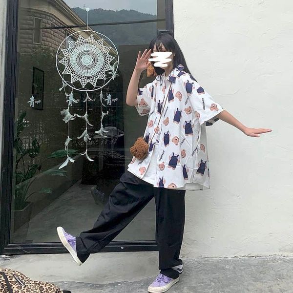 

women's blouses & shirts summer japan bear shirt for men women kawaii high street punk harajuku preppy style blouse hip hop trendy st, White