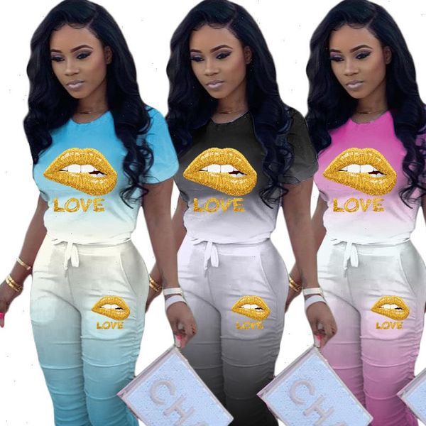 

sport two piece set love women tracksuits lip gradient t shirt stacked bell bottom flare jogger suit tracksuit matching, Gray