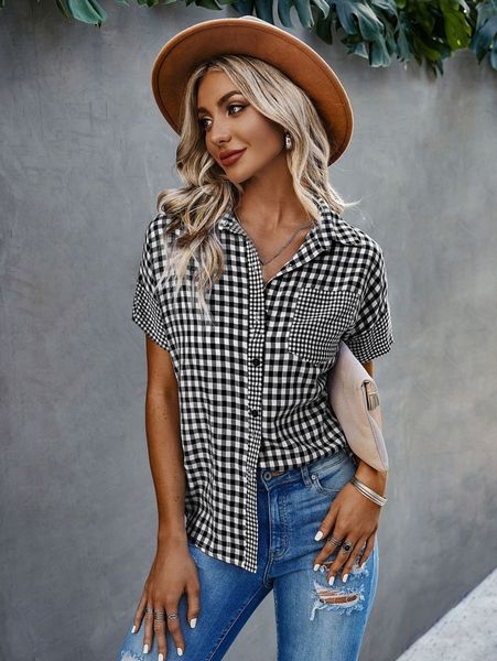 

gingham print button front blouse x89j#, White