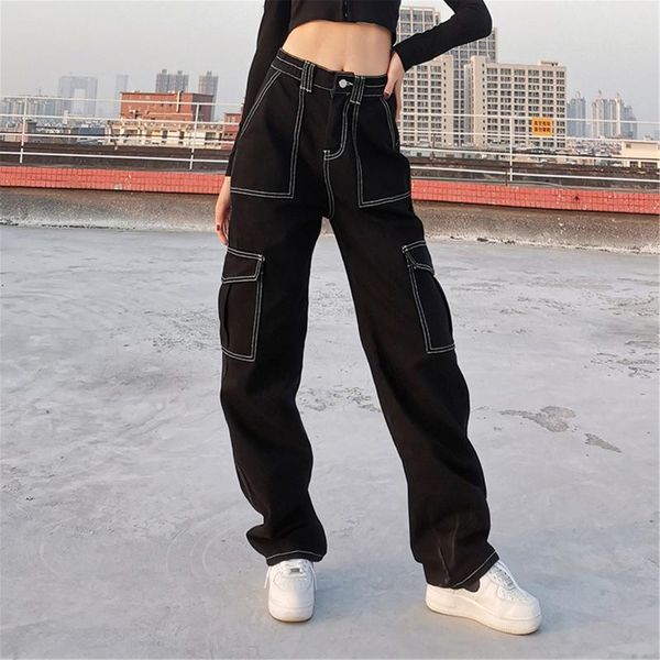 

women's leggings korean harajuku jeans vintage bright line decoration patchwork pockets baggy denim trouser streetwear women loose carg, Black