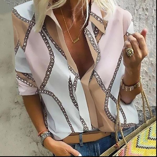 

chain pattern spring autumn womens shirt long sleeve casual turn down collar printed blouses chemise femme, White