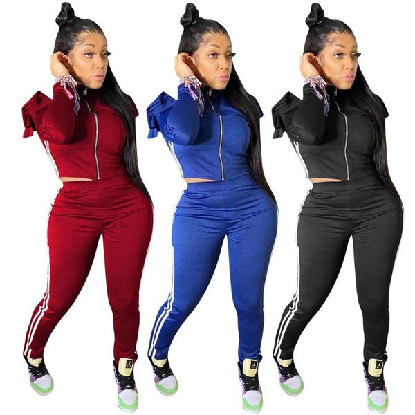 

women's two piece pants oluolin fashion striped stitching autumn winter two-piece ladies stand-up collar zipper long sleeve crop trouse, White