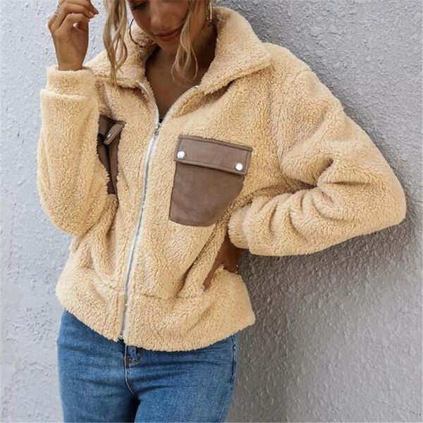 

coat women winter faux fur thick plus size fluffy pockets plush jacket ladies autumn overcoat outerwear warm street coats women's jacke, Black;brown