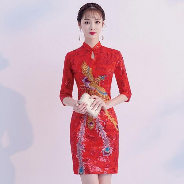

red summer long cheongsam chinese style dress womans mesh sequined qipao slim party dresses lady button vestido size s-4xl ethnic cloth