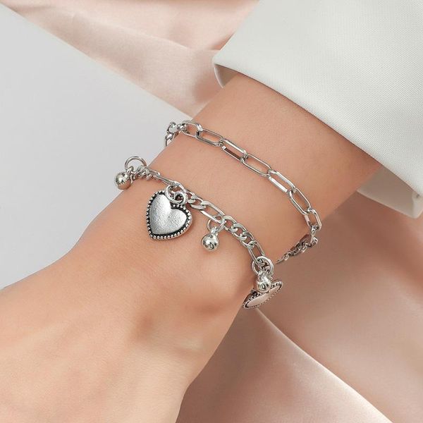 

charm geometric double heart bracelets for women female round beads multilayer silver color chain bangles bracelet jewelry link,, Black