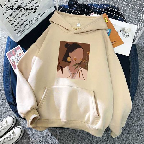 

shellsuning aesthetic printed hoodies women vintage character painting graphic hooded sweatshirts loose streetwear female 211019, Black