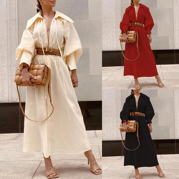 

casual dresses long women autumn winter dress office with belt turn-down sleeve bandage elegant vestidos, Black;gray