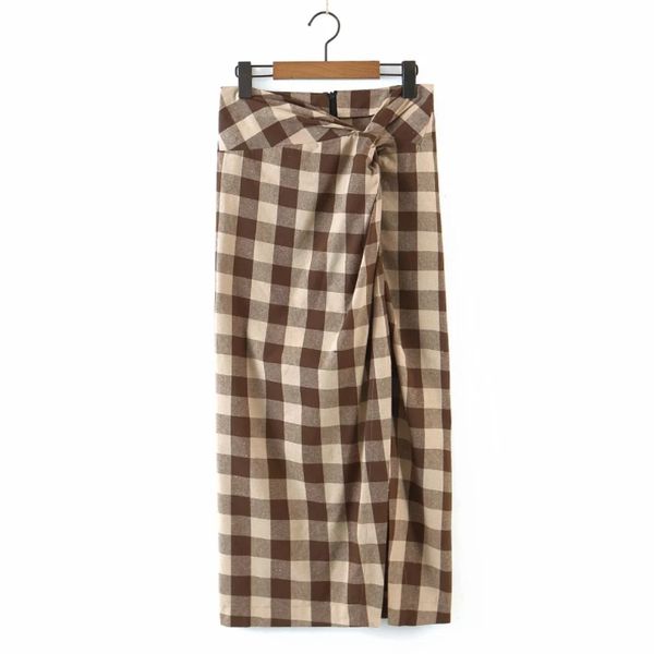 

spring women knot decoration side slit plaid midi skirt casual female loose streetwear fashion ladies p1990 210430, Black