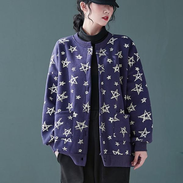 

women's jackets 2021 blue fashion thick all-match star pattern warm jacket single breasted cardigan long sleeved double pockets outwear, Black;brown