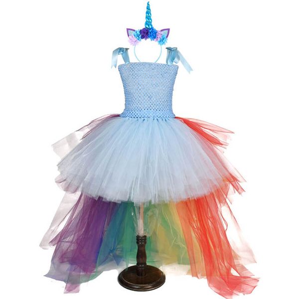 

girl's dresses baby girls princess clothes kids clothing children's lace birthday party tutu dress rainbow unicorn headbands 2pcs, Red;yellow