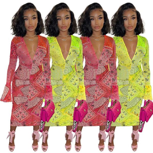 

casual dresses summer fall retro print dress women v-neck long sleeve boho clothing party bodycon mesh see through vintage, Black;gray