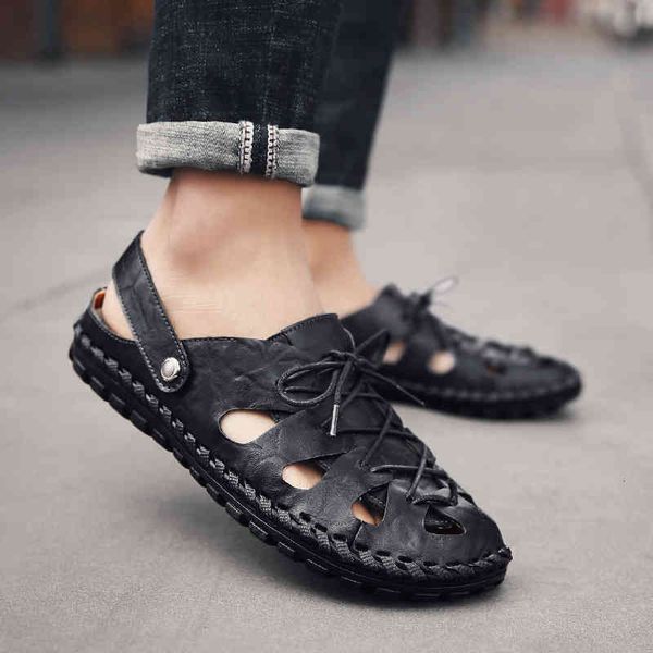 

slippers fashion 2021 men genuine leather sandals summer casual beach flat shoes closed toe luxury breathable business v31b, Black