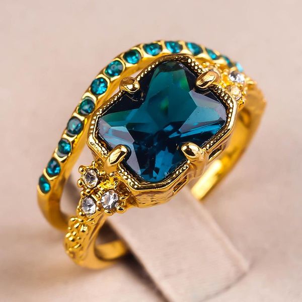 

classic wedding rings for women dark blue crystal gold color engagement fashion vintage 4 claw zircon finger ring jewelry o5m499 cluster, Golden;silver