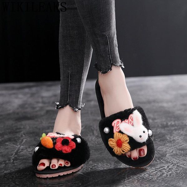 

slippers cute fashion designer shoes flat spring fur slides plush bedroom ladies home chanclas mujer, Black