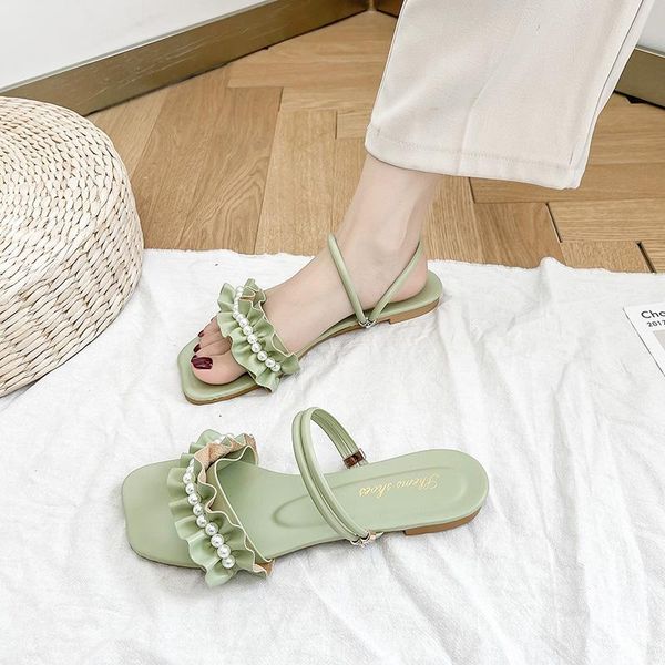 

shoes woman's slippers string bead low slides fashion 2021 summer flat luxury fabric rubber rome basic pu scandals fe, Black