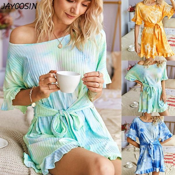 

women's jumpsuits & rompers jaycosin women bodysuit tie dyed printed short sleeve lace up casual sleepwear jumpsuit shorts romper leota, Black;white