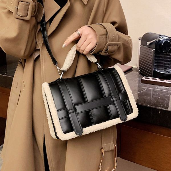 

women small plush flap crossbody winter lambswool tote fashion leather purse shoulder handbags