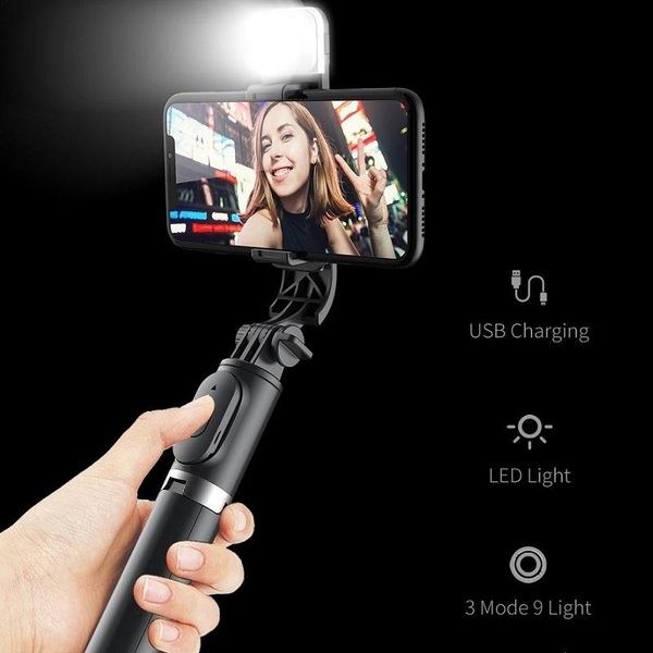 

selfie monopods wireless bluetooth stick foldable mini tripod with fill light shutter remote control for