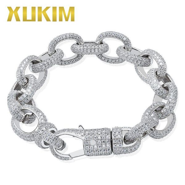 

link, chain xukim jewelry twisted oval cuban link bracelet big clasp gold silver color zircon iced out hip hop gift party, Black