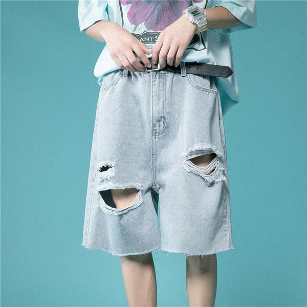 

men's jeans ripped wide-leg high street edge straight shorts loose washed oversize overalls casual five-point pants thin plus size, Blue