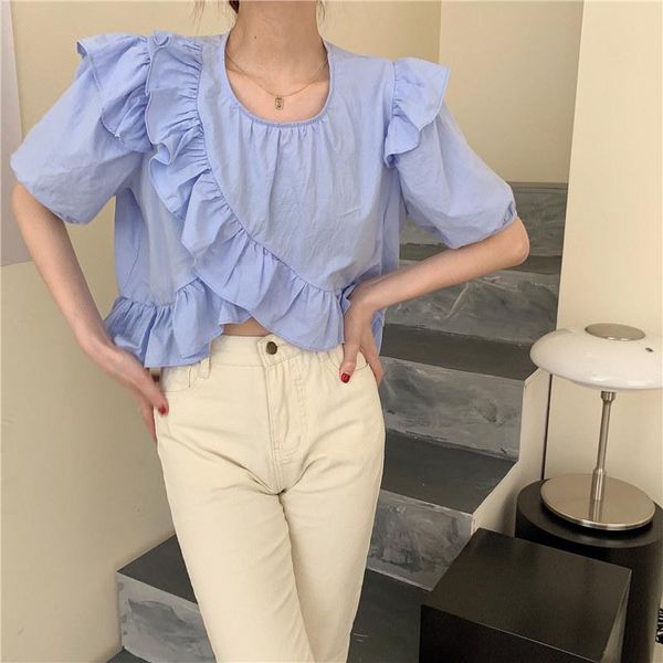 

women's t-shirt alien kitty 2021 spring women o-neck solid ruffle loose lady short sleeve shirts maiden sweet tshirt minimalist, White