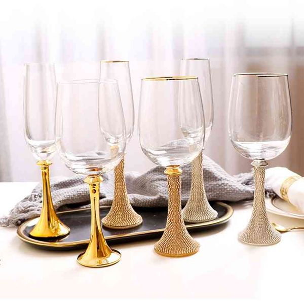 Luxuly Bicchiere da vino Set di bicchieri con fondo in metallo Diamond Vino rosso Crystal Party Cup Home Restaurant Cocktail Bicchieri per bicchieri da champagne 210326
