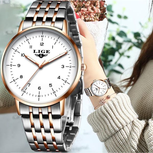 

wristwatches lige 2021 rose gold women watches luxury watch fashion full steel ladies bracelet waterproof quartz wristwatch, Slivery;brown