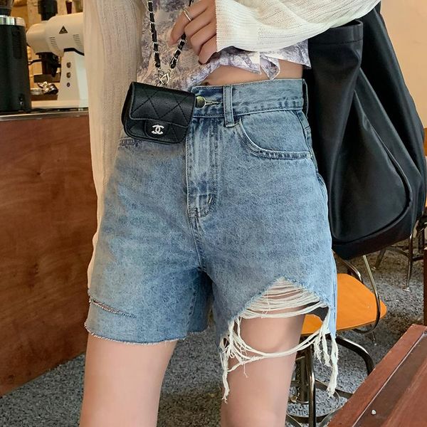 

women's shorts hzirip summer button solid wide-legged hight waist denim hole 2021 all-match loose office lady fashion elegant, White;black