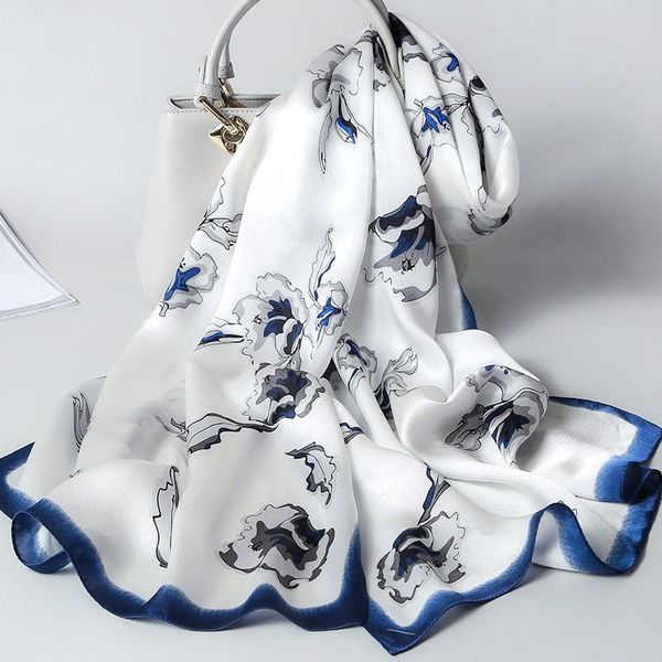 

scarves 2021 luxury 100% pure silk scarf women brand hangzhou real wraps for ladies print shawls foulard femme natural, Blue;gray