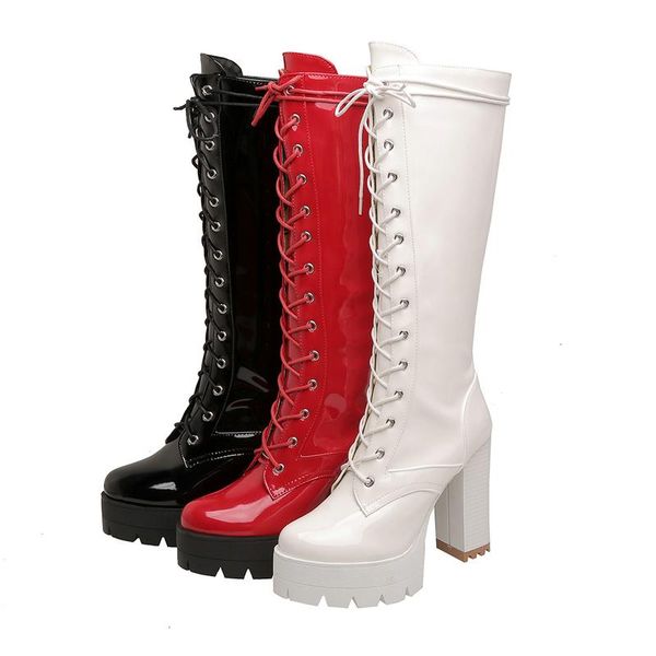 

boots red white black knee length women winter thick soled knight ladies faux patent leather motorcycle