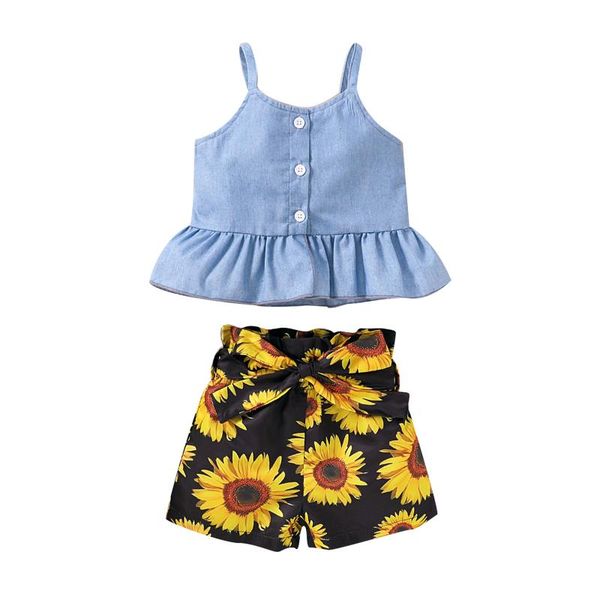 

kid's sunflower two piece suits round neck sleeveless camisole printed short pants clothing sets, White