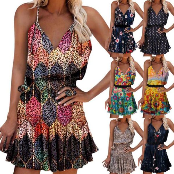 Herz Leopard Print Kleid Frauen Sommer Casual Spaghetti Strap V-ausschnitt Ärmelloses Mini Strand Sommerkleid Party Robe Kleider