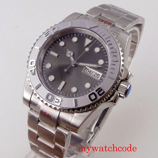 

wristwatches bliger grey dial 40mm nh36a green luminous automatic mens watch sapphire glass date week function rotating bezel 904l bracelet, Slivery;brown