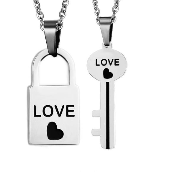 

pendant necklaces fashion lover couple necklace key lock love mark logo women men stainless steel plated never fade quality, Silver