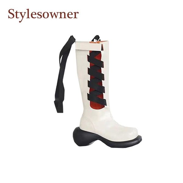 

boots square-toe cross straps hollow sponge cake thick-soled fashion all-match side zipper high-soled, Black