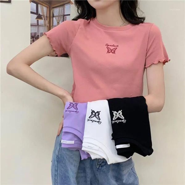 

butterfly embroidery casual slim kawaii summer women crop o neck korean harajuku girl short sleeve t shirt ropa mujer jk1217 women's t-, White